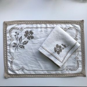 Vintage Collection of Taupe Floral Linen Placemats & Napkins